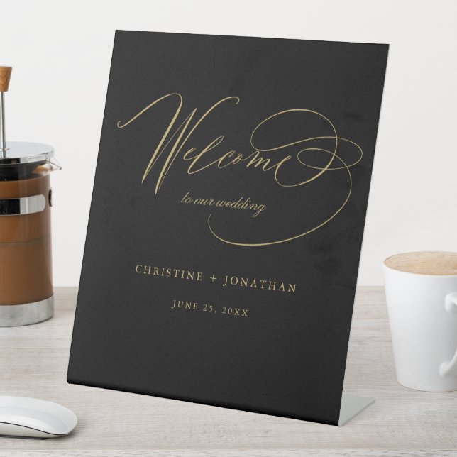 Signe De Table Simple Black Gold Modern Script Mariage Bienvenue (In SItu)