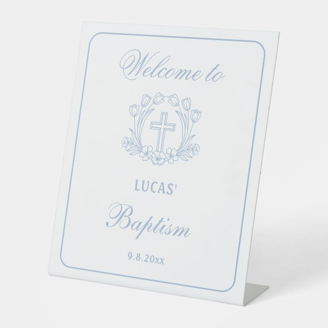 Signe De Table Simple Floral Croix Bleue Baptême Accueil (Recto)