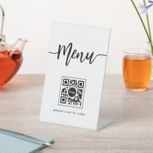 Signe De Table Simple Minimaliste Script de menu QR Code Blanc