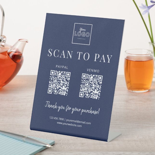 Signe De Table Simple Scan to Pay Logo Code QR Paiement Bleu Mari (In SItu)