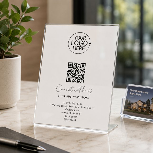 Signe De Table Simple Script Connectez-vous avec nous Logo Code Q (Simple Script Connect With Us Logo QR Code Promo Pedestal Sign)