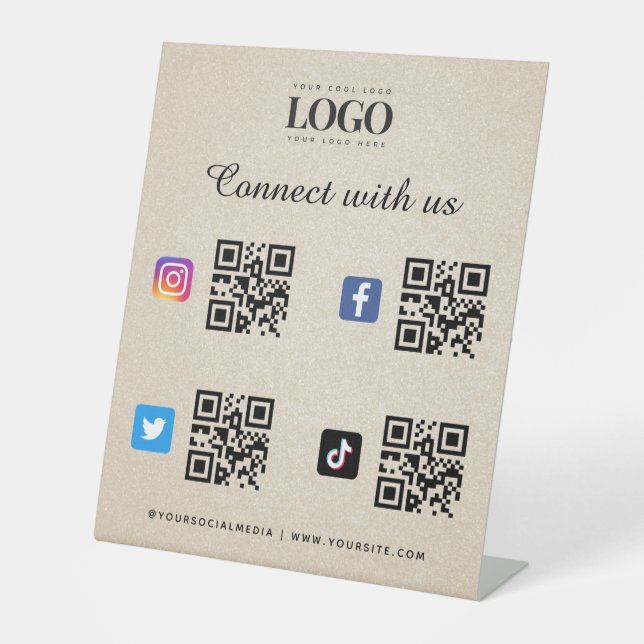 Signe De Table Social Media Qr Code Logo Twitter Facebook Beige (Recto)