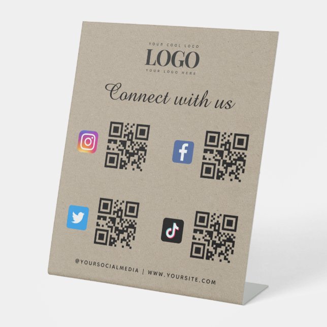 Signe De Table Social Media Qr Code Logo Twitter Facebook Kraft (Recto)