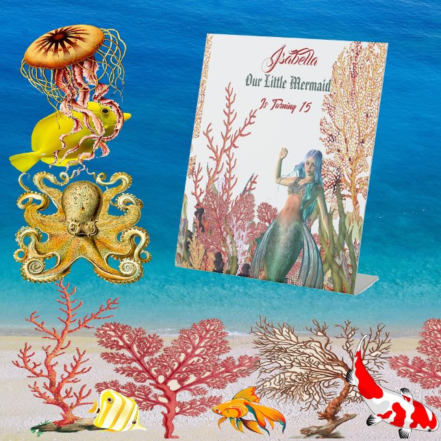 Signe De Table Sous la mer Sirène Coral fête d'anniversaire Bienv (Under The Sea Mermaid Coral Birthday Party Welcome Pedestal Sign)