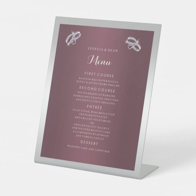Signe De Table Sparkly Argent Anneaux & Burgandy Menu Mariage (Recto)