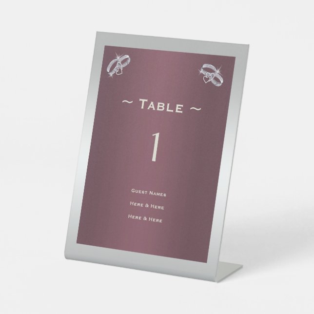 Signe De Table Sparkly Argent Anneaux & Burgandy Numéro de table (Recto)