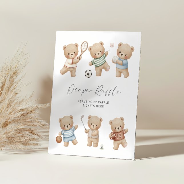 Signe De Table Sports bear baby shower diaper raffle sign (sports bear diaper raffle sign)