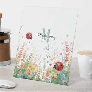 Signe De Table Spring Watercolor ladybug Floral Monogram Wildflow