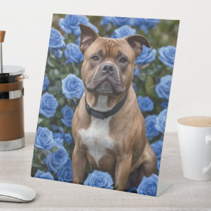Signe De Table Staffy marron dans un jardin de roses bleues,
