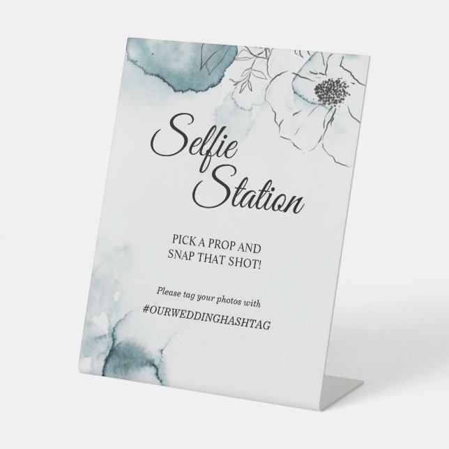 Signe De Table Station Selfie Mariage d'aquarelle turquoise (Recto)
