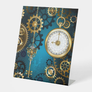 Signe De Table Steampunk Arrière - plan turquoise avec Gears