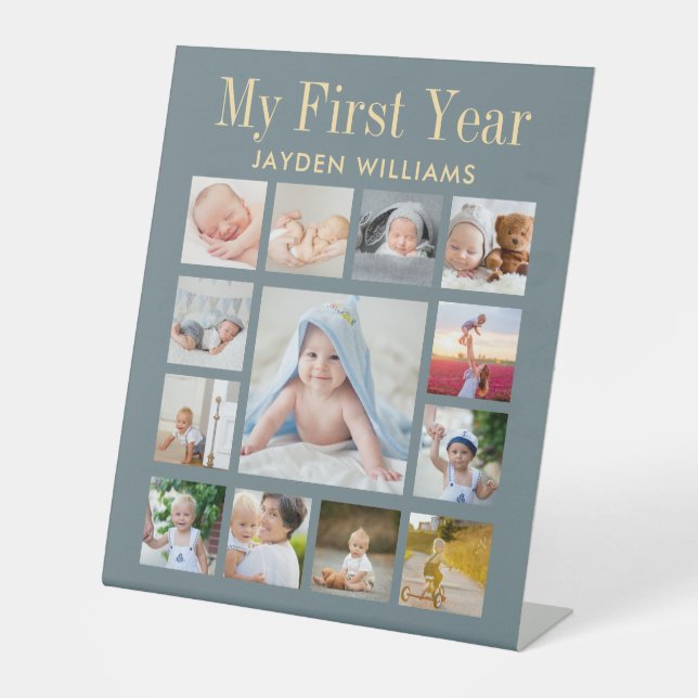 Signe De Table Steel Blue First Birthday Party Baby Photo Collage (Recto)