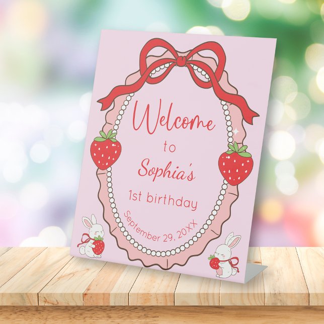 Signe De Table Strawberry Bunny Pink Frame Welcome Birthday (Créateur téléchargé)