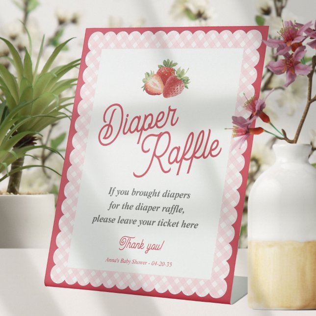 Signe De Table Strawberry Pink Gingham Themed Diaper Raffle Game (Strawberry Themed-Berry Sweet Baby Shower Diaper Raffle Sign.)