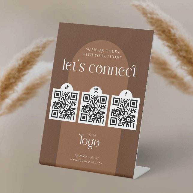 Signe De Table Suivez-nous Social Media 3 QR Codes Boho Terracott (Modern Social Media QR Code sign with 3 QR codes, earthy terracotta aesthetic and minimal layout)