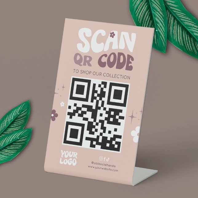 Signe De Table Super Retro tendance site de médias sociaux QR Cod (Modern groovy QR code sign - can be used for any type of scannable code: payment, website, socials)