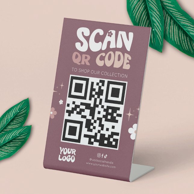 Signe De Table Super Retro tendance site de médias sociaux QR Cod (Modern groovy QR code sign - can be used for any type of scannable code: payment, website, socials)