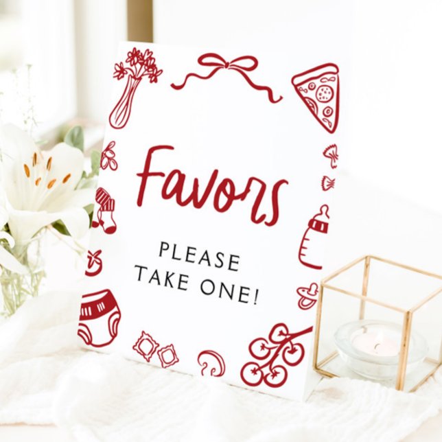 Signe De Table Symbole de Faveurs Pizza Italienne Tirée À La Main (Modern Hand Drawn Italian Pizza Favors Sign)