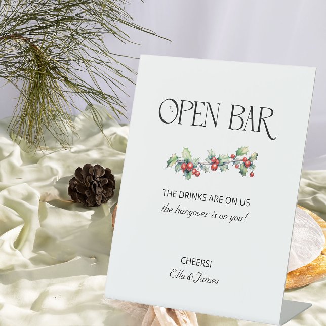 Signe De Table Symbole de mariage d'hiver Holly et Berries Open B (Open Bar Sign from the Holly Bells Wedding Collection by Darling & May)