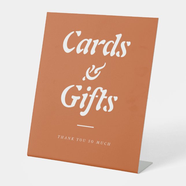 Signe De Table Symbole de piédestal de cartes et cadeaux orange e (Recto)