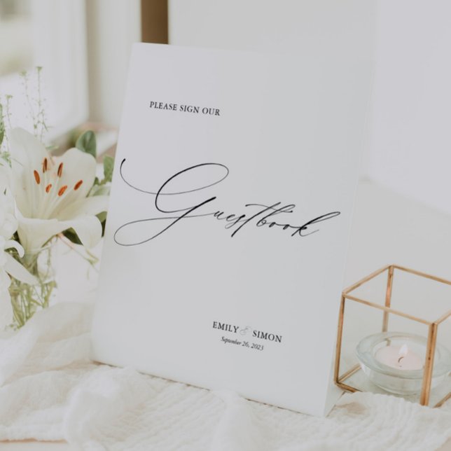 Signe De Table Symbole du livre d'or d'un mariage élégant (dainty script wedding guest book sign, sign our guestbook wedding table top sign, modern elegant)