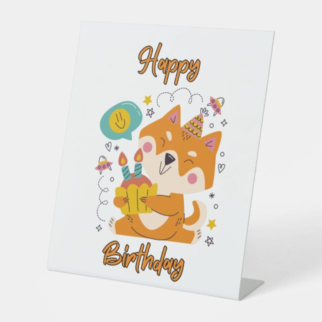Signe De Table SYMBOLE JOYEUX D'ANNIVERSAIRE Shiba Inu Pedestal (Recto)