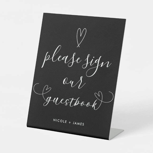 Signe De Table Symbole moderne Coeurs noir & blanc Mariage Guestb (Recto)