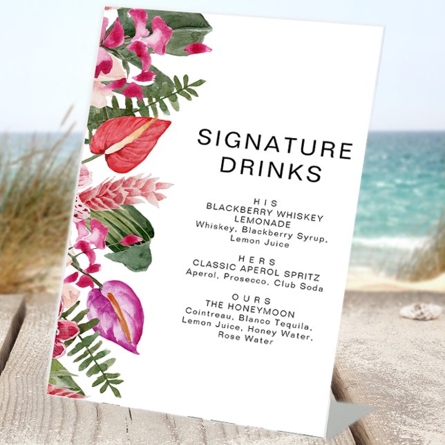 Signe De Table Symbole tropical Floral Boissons (Tropical Floral Signature Drinks Pedestal Bar Sign by Painted Paperie
)