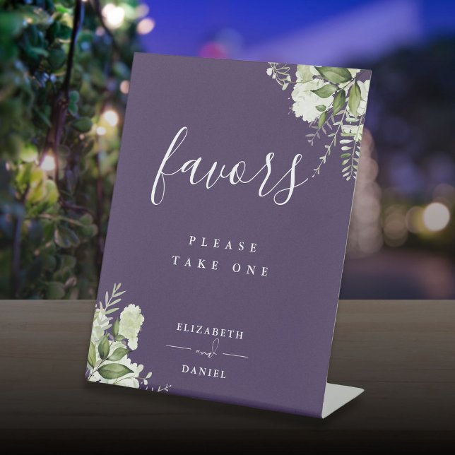 Signe De Table Table de faveurs de verdure florale violette (Purple Floral Greenery Favors Table Pedestal Sign)