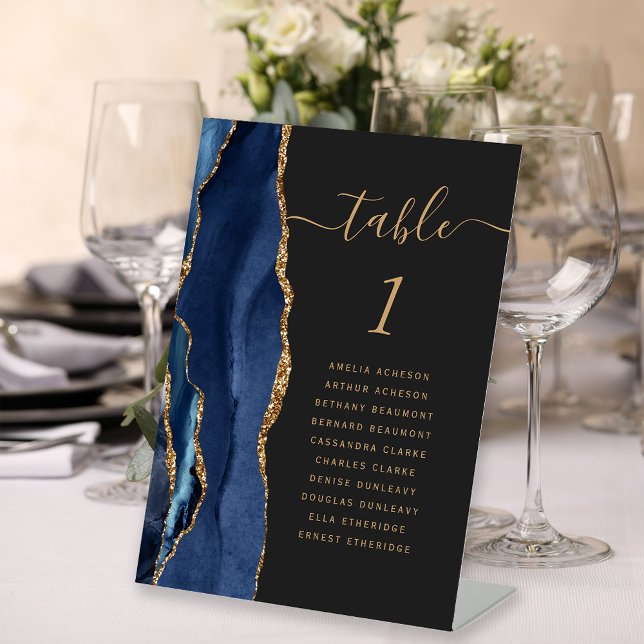 Signe De Table Table de mariage bleu marine or agate foncé (Créateur téléchargé)