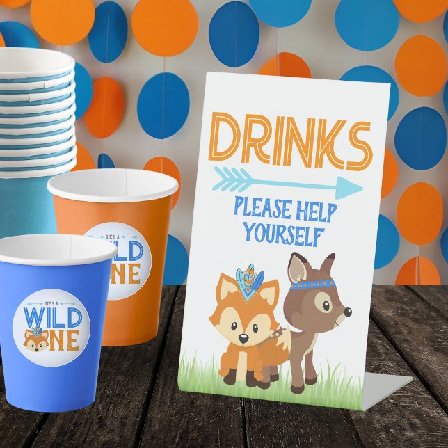 Signe De Table Table des boissons Blue Woodland Fox et Deer (Woodland Forest Animals Standing Drink Table Pedestal Sign. Featuring an adorable fox and deer)