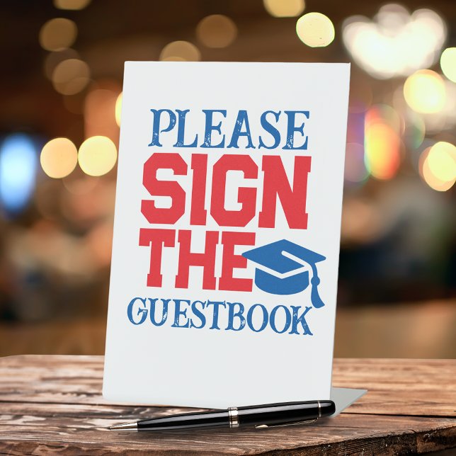 Signe De Table Table d'inscription du livre d'or rouge, blanc et  (Red, Blue and White Graduation Cap Class Year Sign the Guestbook Pedestal Table Sign)