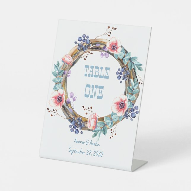 Signe De Table Tablette d'anémones et bleuets roses (Recto)