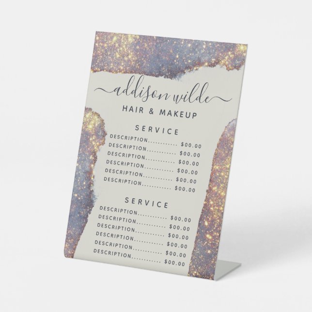 Signe De Table Tarif du service de paillettes dorées violettes ir (Recto)