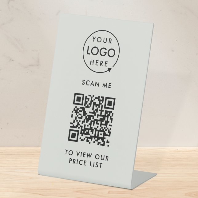 Signe De Table Tarifs sans contact | Grey Business Logo QR (Price signage for stores, salons, cafes, trade stalls, pop up shops, reception desks & more!)