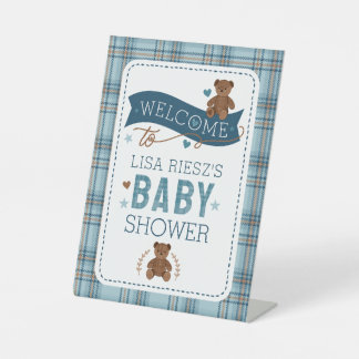 Signe De Table Tartan Teddy Bear Baby Shower Custom Pedestal Sign