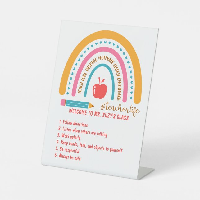Signe De Table #Teacherlife Rainbow Règles de classe personnalisé (Recto)