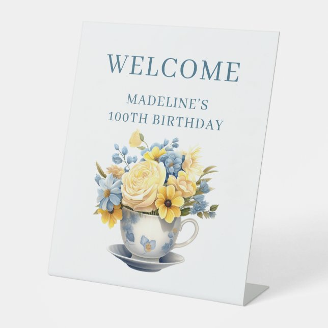 Signe De Table Teacup Fleurs Bleues Jaunes 100e anniversaire Bien (Recto)