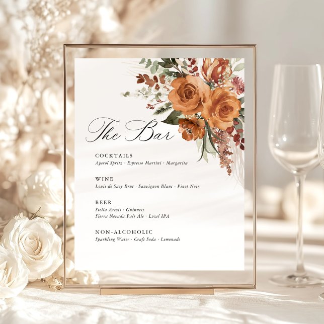 Signe De Table Terracotta Boho Rose Floral Wedding Bar Menu (Terracotta rose floral wedding bar menu sign with watercolor, elegant boho drink list for reception)