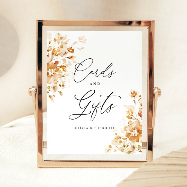 Signe De Table Terracotta Floral Cards & Gifts Wedding Table (Terracotta floral cards and gifts table sign with elegant script, burnt orange watercolor wedding)