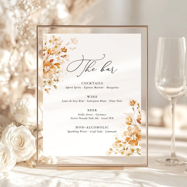 Signe De Table Terracotta Floral Elegant Wedding Bar Menu (Elegant terracotta floral bar sign for wedding reception, burnt orange watercolor cocktail menu sign)