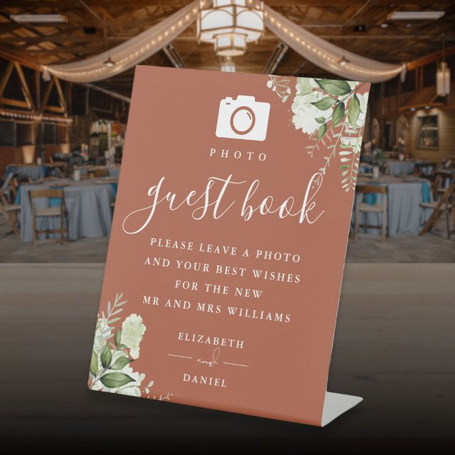 Signe De Table Terracotta Greenery Photo Mariage du livre d'or (Terracotta Greenery Photo Guest Book Wedding Pedestal Sign)