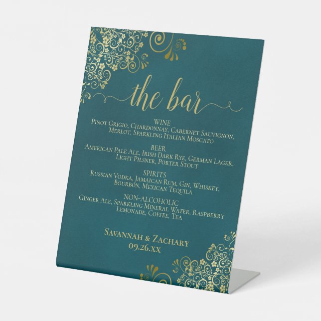 Signe De Table The Bar - Dark Teal & Gold Drinks Menu Wedding (Recto)