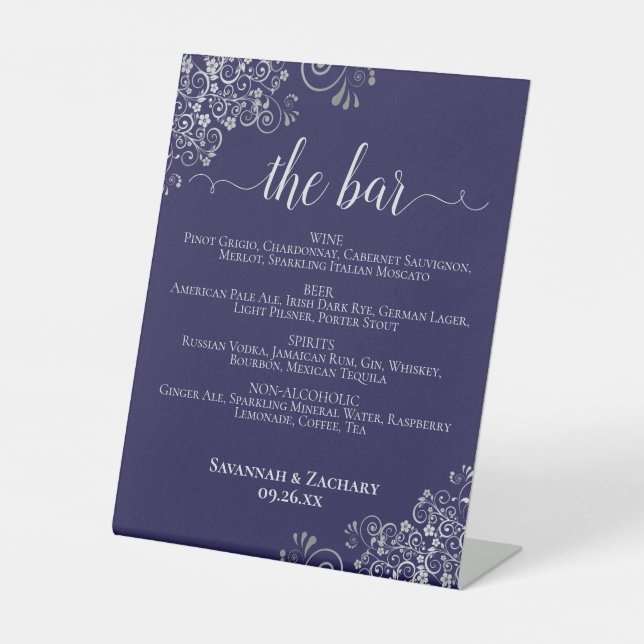 Signe De Table The Bar - Navy Blue & Silver Drinks Menu Wedding (Recto)