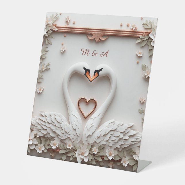 Signe De Table 🤍 Thème de mariage floral de couple de cygnes rom (Recto)