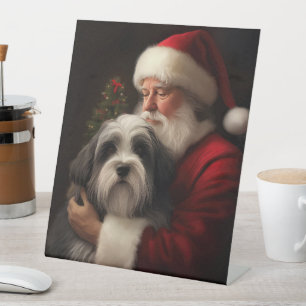 Signe De Table Tibétain Terrier Père Noël Noël Festif