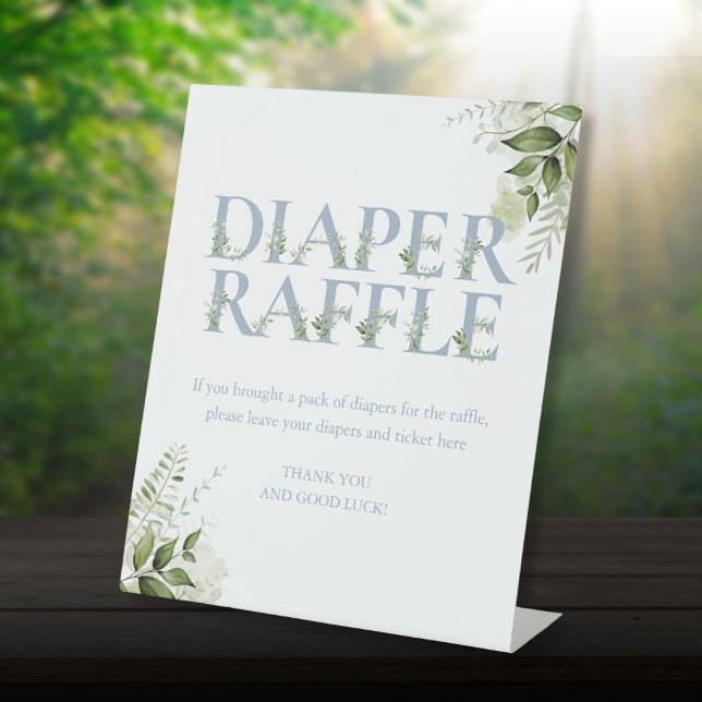 Signe De Table Tirage de couche Bébé Fille Fleurs Bleu Poussiéreu (Dusty Blue Greenery Diaper Raffle Baby Shower Pedestal Sign)