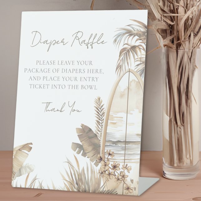 Signe De Table Tirage de Couches Bébé à Bord Baby Shower Plage (Diaper Raffle Baby On Board Beach Baby Shower Pedestal Sign)