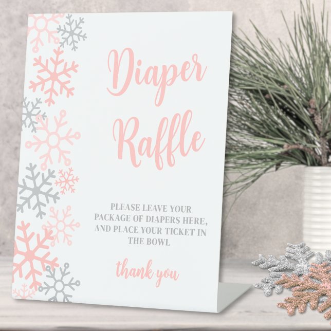 Signe De Table Tirage de Couches Flocon de Neige Bébé Hiver Showe (Diaper Raffle Snowflake Winter Baby Shower Pedestal Sign )