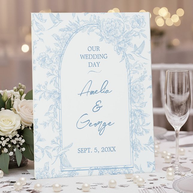 Signe De Table Toile mariage bleu et blanc (Wedding Blue and White French Toile Pedestal Sign)